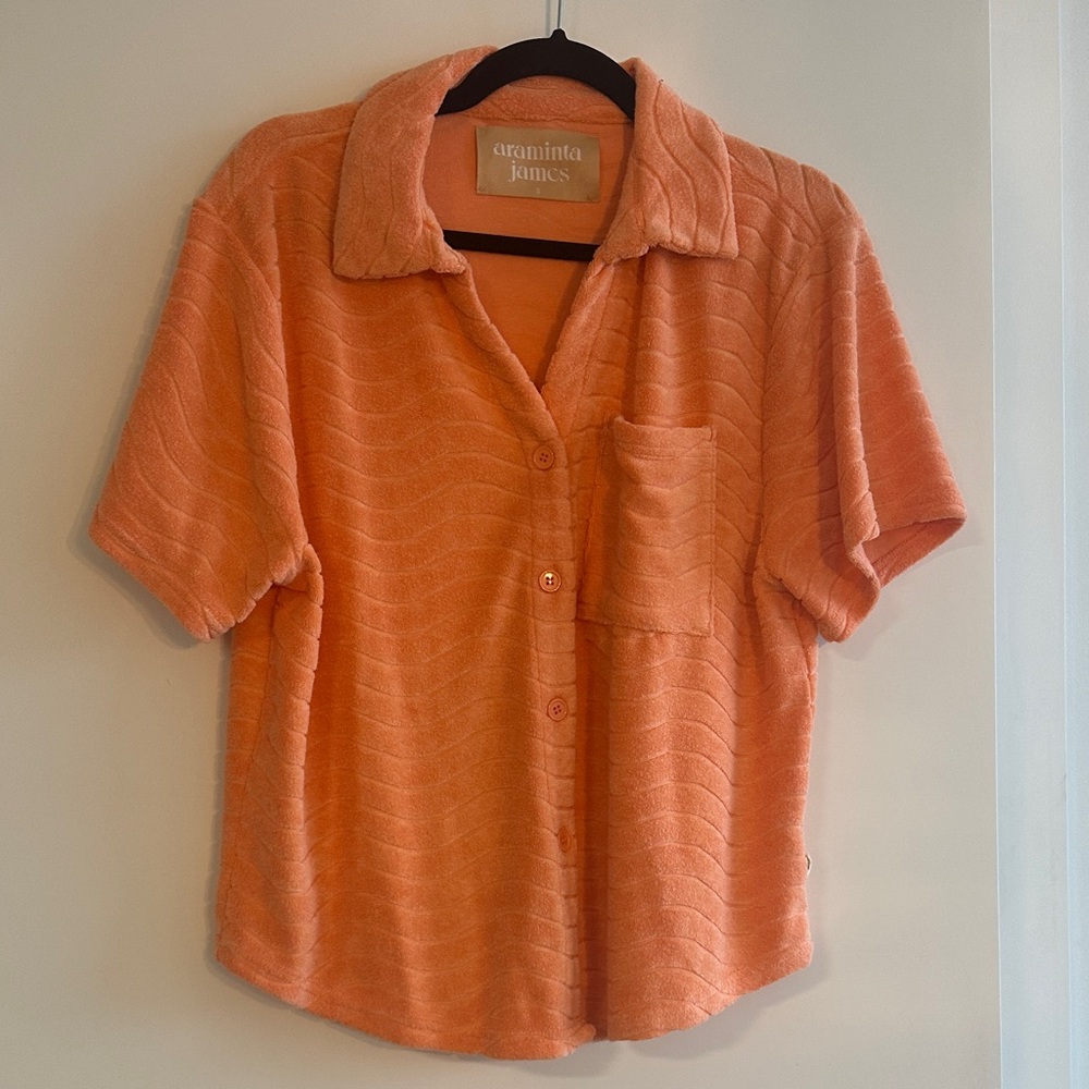 Araminta James Orange Terry Short-Sleeve Button Shirt Small